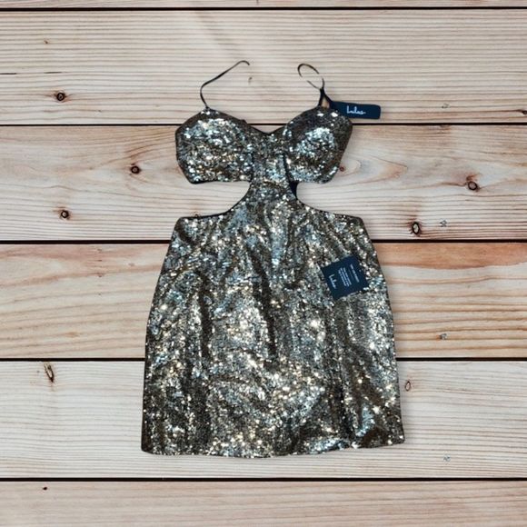 LuLu's Lustrous and Luxe Gold Sequin Cutout Bodycon Mini Dress - Picture 2 of 9